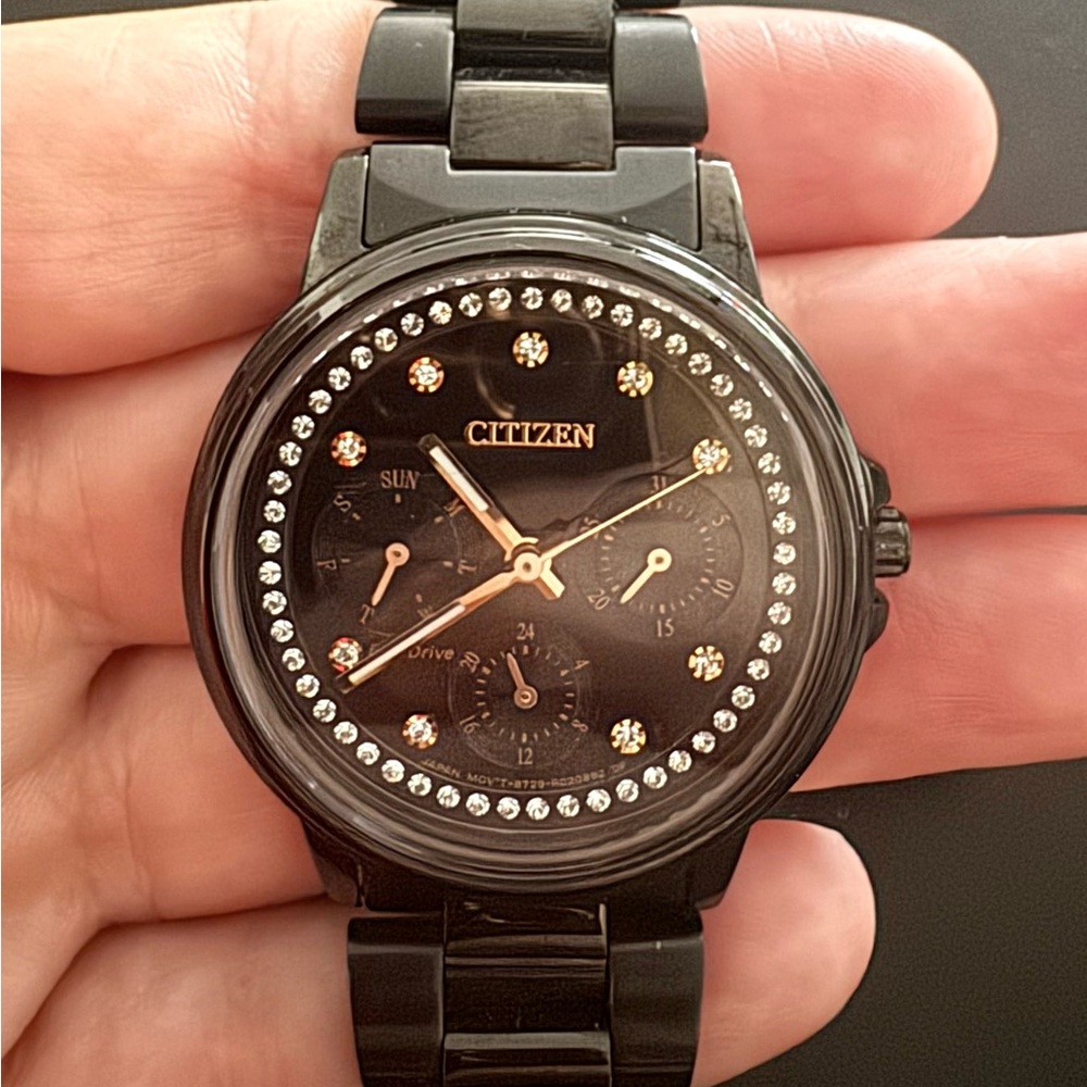 Citizen Black and Gold Watch with Crystal Details